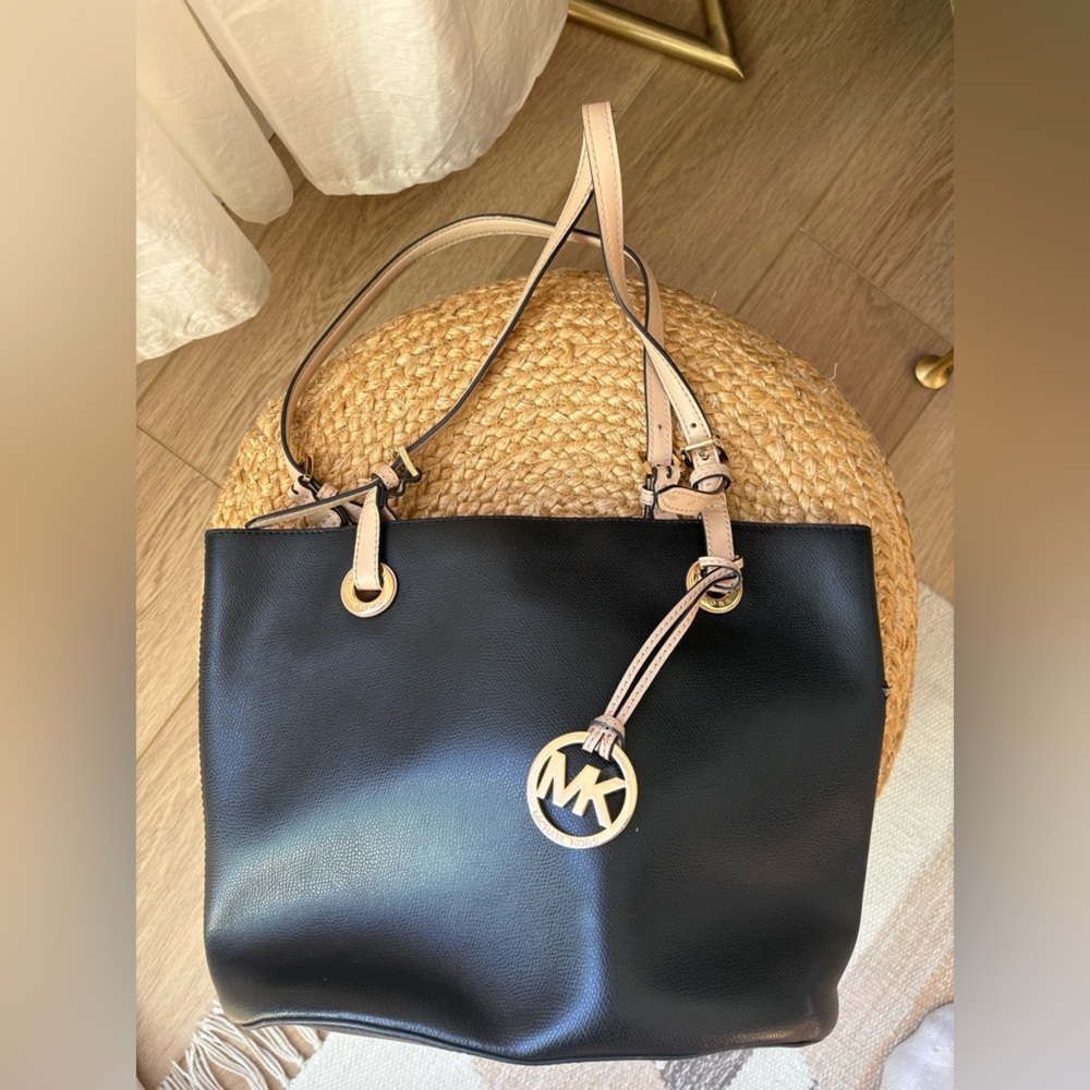 Michael Kors Black and Beige Leather Shoulder Tote with Gold MK Charm
